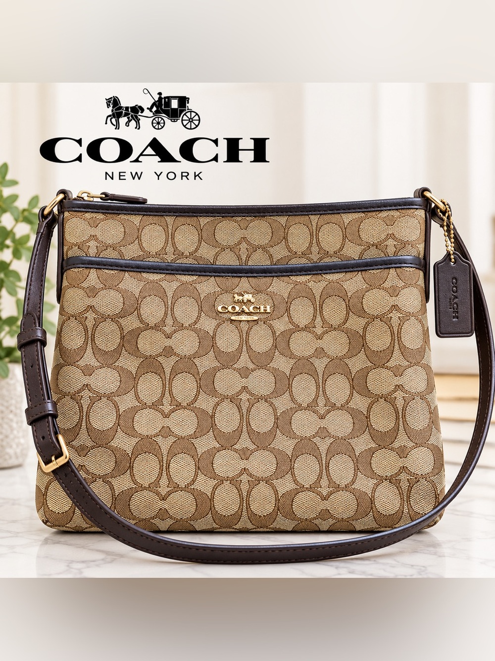 Coach Signature Jacquard File Crossbody Bag F29960 Khaki Brown